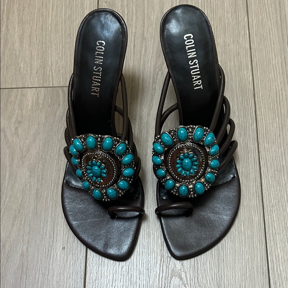 Colin Stuart Dark Brown Heels with Turquoise Embellishments - Picture 1 of 6